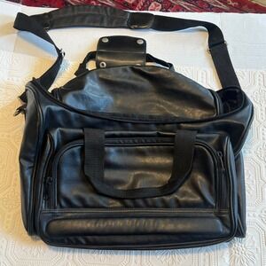Black Faux Leather Multi Pocket Duffel Bag Travel Gym Weekender with Strap